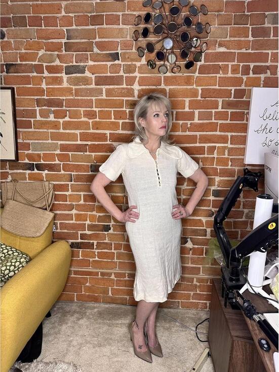Dresses & Skirts - Vintage Cream Short-Sleeve Knit Dress Collar & Button Front